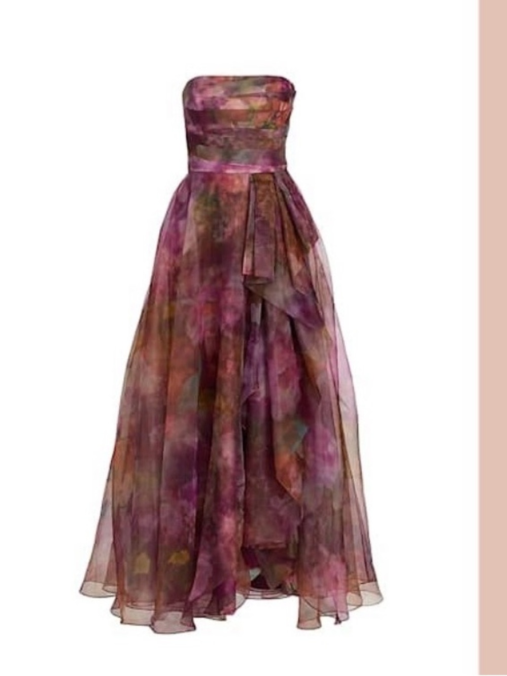 Theia Strapless Watercolor Floral Organza Dress in Purple and Pink